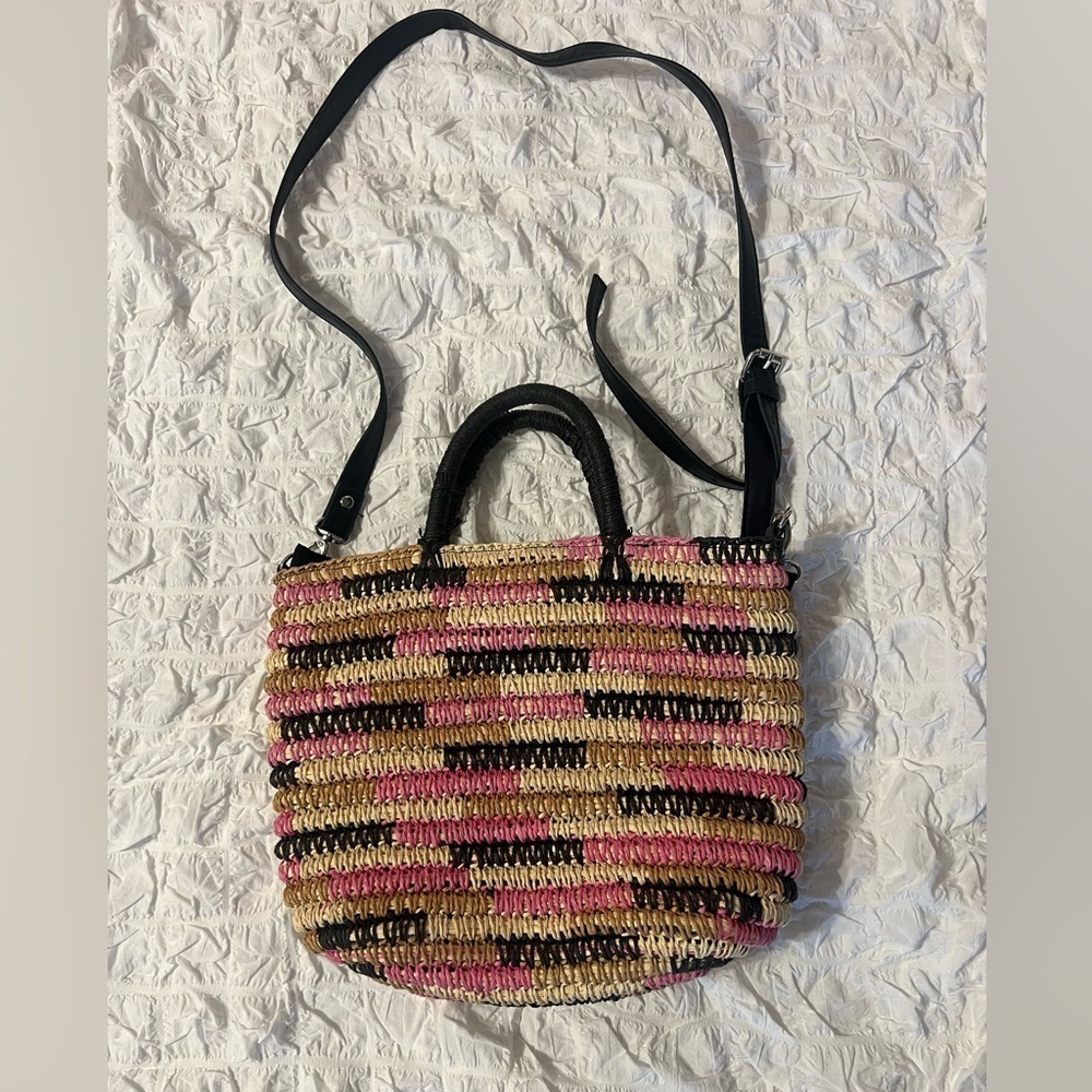 Pink and Black Striped Shoulder Bag with Crossbody Strap